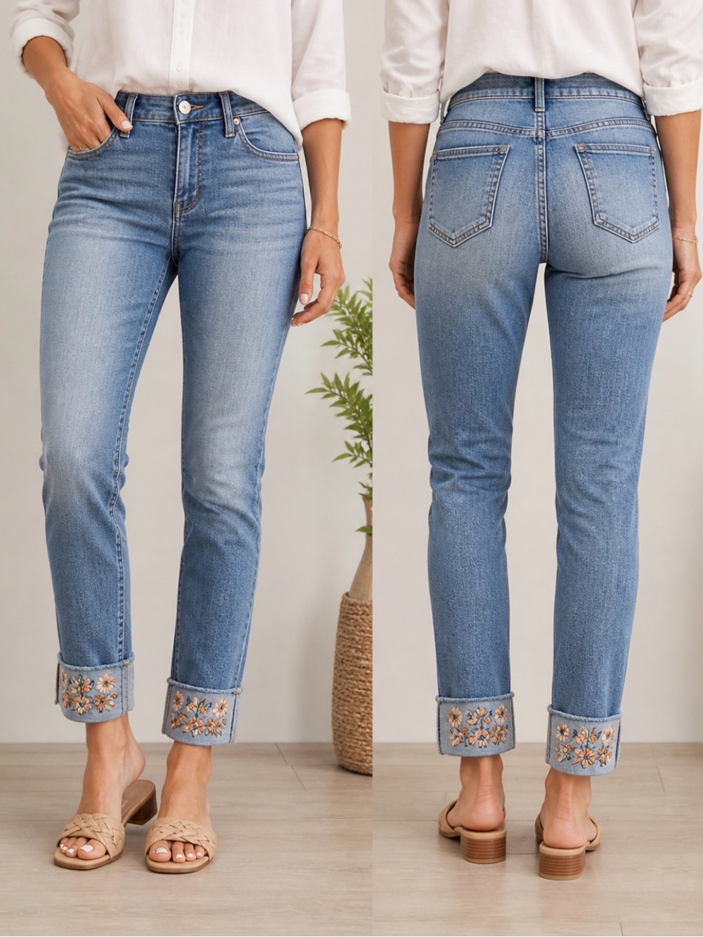 Chico's Light Blue Embroidered Cuff Cropped Jeans